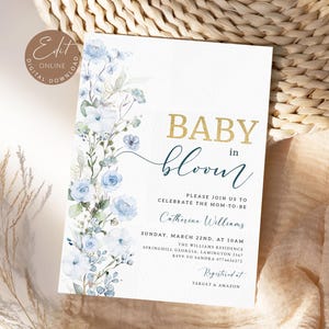 Modello di invito per baby shower Baby In Bloom modificabile Invito per baby shower Blue Roses Boy Blue Download digitale immediato, Boy Baby #BB78