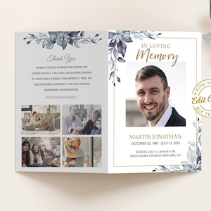 May include: A blue and white floral memorial card with a photo of a man and the text "In Loving Memory" and "Martin Jonathan" with dates of birth and death. The card also includes the text "Thank You" and a message of gratitude from the family.