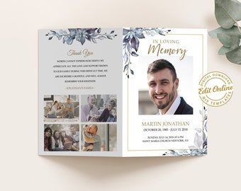 Editable Funeral Program Template, Funeral Memorial, Blue Leaves Order Of Service, Celebration Of Life Program, Instant download #F117