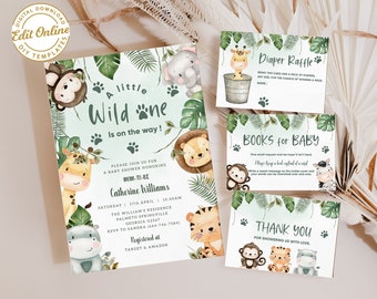 Editable A Little Wild One On the Way Baby Shower Invitation, Safari Jungle Baby Shower Invite, Greenery Safari Animals Baby Shower #BB45