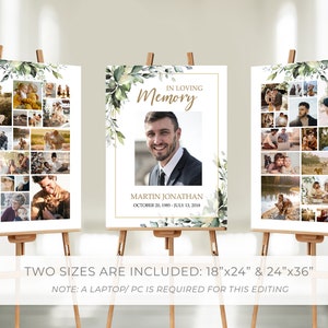 SET Funeral Heart Collage Templates, Greenery Funeral Photo Collage, Celebration of Life, Easel Display Memorial Poster
