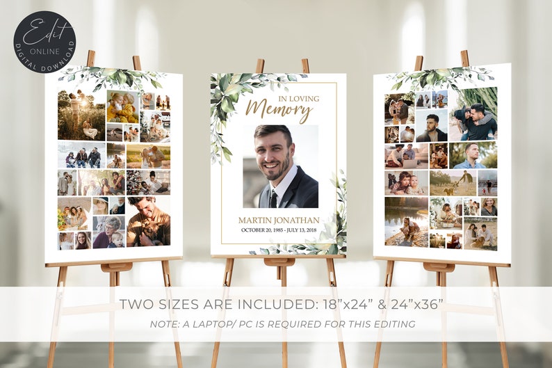 SET Funeral Heart Collage Templates, Greenery Funeral Photo Collage, Celebration of Life, Easel Display Memorial Poster