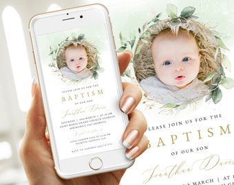 Baptism Electronic Invitation Template Editable Digital Download, Greenery Foliage Christening Evite, LDS Baptism Photo Text Invite #BP48