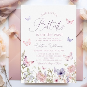 Editable Butterfly Baby Shower Invitation, Purple Butterfly Invite Template, Butterfly Baby Shower Girl, Butterflies and Flowers Pink #BB181