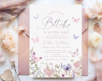 May include: A baby shower invitation with a watercolor floral design featuring butterflies and the text "Our Little Butterfly is on the way!"  Please join us for a baby shower honoring Victoria Williams. Sunday, 19th Oct at 10 am. Spring Garden Cafe, Blooming Roses Avenue, New York. RSVP Sandra 000-000-000. Registried at Amazon & Target.