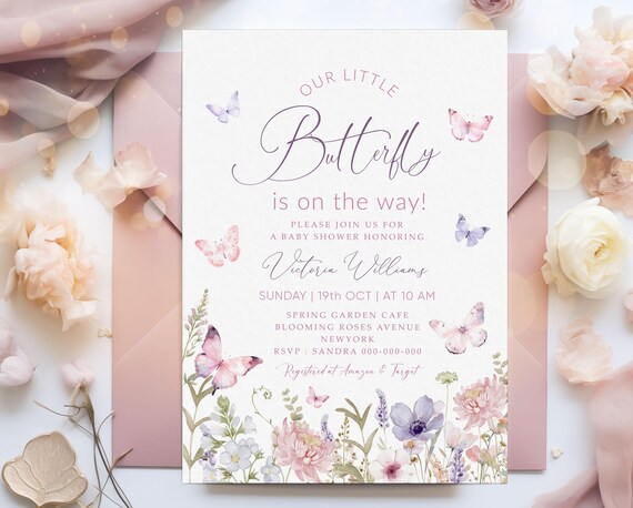 Editable Butterfly Baby Shower Invitation, Purple Butterfly Invite Template, Butterfly Baby Shower Girl, Butterflies and Flowers Pink #BB181