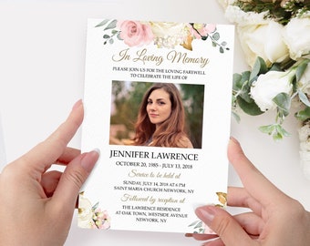 Funeral Invitation pink rose, funeral Announcement template flower, celebration of life invitations, printable memorial service F17