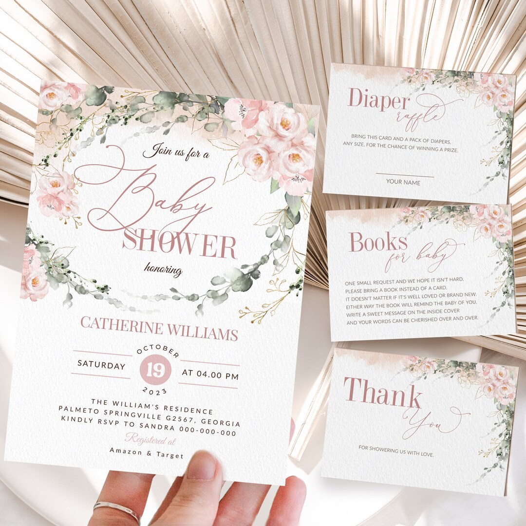 Editable BLUSH Pink Rose | Baby Shower Invitation Template, Printable Pink Baby Shower, Girls ...