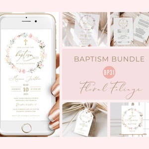 May include: A printable baptism bundle with a floral and foliage design. The bundle includes a welcome sign, a thank you tag, and an invitation. The invitation features a floral wreath with a cross and the text "Join us for the baptism of our daughter" in gold script. The text "Mariana Jonathan" is also included, along with the date and time of the baptism. The bundle is available in a digital format and can be printed at home.