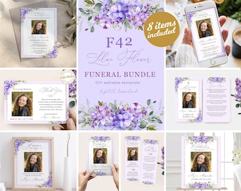 Editable Funeral Bundle Lilac Template, Memorial Package, Celebration of Life Package In Loving Memory Suite Templates Bundle Purple F42