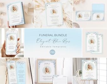Editable Funeral Bundle Soft Blue Roses Template Dusty Blue Celebration of Life Package Printable In Loving Memory Package Suite #F53