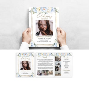 Plantilla de programa funerario editable de Dusty Blue Roses Programa de servicio conmemorativo floral Programa de obituario Tamaño de carta plegable 8.5x11" #F29