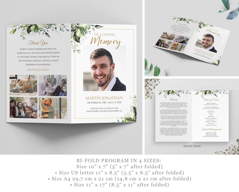 Editable Funeral Bundle Template Leaves Greenery For Men Botanical Celebration of Life Bundle Man Printable In Loving Memory Package #F116 image 2