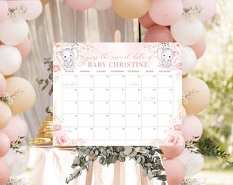 May include: A baby shower calendar with the text "guess the arrival date of BABY CHRISTINE." The calendar features a floral design with pink and white roses and two baby elephants. The background includes balloons.