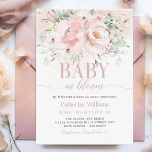 Editable Pink Floral Baby in Bloom Baby Shower Invitation Template Girl Floral Baby Shower Invite Pink Floral Shower Invite Printable #BB138
