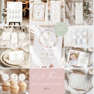 May include: A digital printable baptism bundle with a rustic floral theme. The bundle includes a table number card, a welcome sign, a baptism program, a favor tag, a seating chart, and a thank you card. The design features a gold cross, pink and white flowers, and a handwritten font.