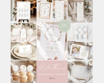 Baby Girl Baptism Bundle Template, Pink Wildflower Baptism, Printable Baptism Bundle, Instant Download Baby Christening Package Decor #BP31