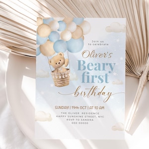 Invito modificabile per il primo compleanno di Blue Beary, invito per il primo compleanno, invito per il compleanno con mongolfiera, compleanno del bambino, invito per l'orsacchiotto #BD21