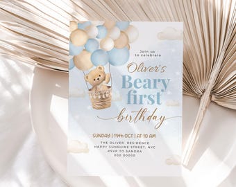 Faire-part premier anniversaire Beary bleu modifiable, 1er anniversaire d'invitation, faire-part d'anniversaire montgolfière, anniversaire de bébé, ours en peluche inviter #BD21