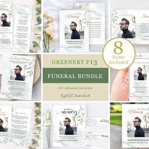 May include: A funeral bundle template featuring a greenery and gold theme. The bundle includes 8 printable items, such as a memorial card, a thank you card, a share a memory card, and a memorial programme. The template is editable and can be personalised with a photo and text.