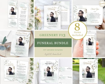 Editable funeral bundle template leaves greenery for men, botanical celebration of life bundle man , printable in loving memory package F13