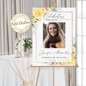 Plantilla de rosas amarillas de signo funerario editable, signo de servicio conmemorativo, signo de bienvenida funerario amarillo, cartel conmemorativo del funeral, signo funerario F41