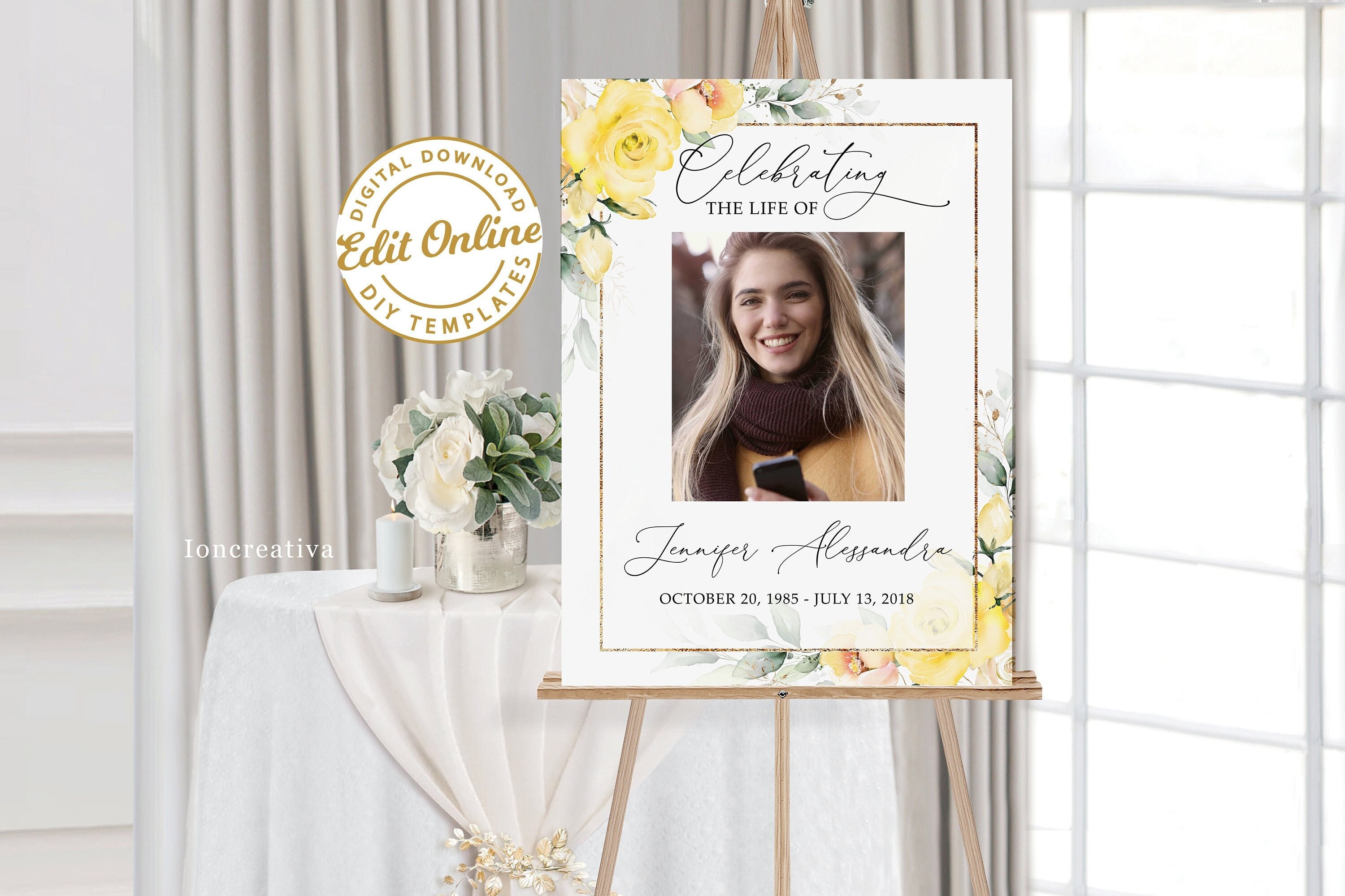 Yellow Roses Funeral Vector Editable Funeral Sign Yellow Roses Template, Memorial Service Sign ...