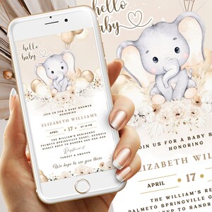 May include: A baby shower invitation featuring a watercolor illustration of a gray elephant with large ears, surrounded by flowers and balloons. The invitation text reads "hello baby" and includes event details.