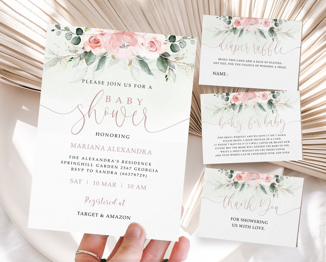 Editable Pink Rose Greenery Baby Shower Invitation Template Printable ...