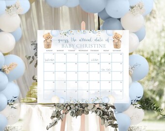 Printable Baby Shower Due Date Calendar Bear Blue Balloon Theme Gender-Neutral Baby Shower Due Date Calendar Instant Digital Template #BB254