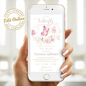 May include: A digital invitation for a baby shower with a pink butterfly design. The text reads "A Little Butterfly is on the Way" and includes the name "Mariana Williams".