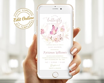 May include: A digital invitation for a baby shower with a pink butterfly design. The text reads "A Little Butterfly is on the Way" and includes the name "Mariana Williams".