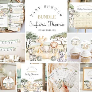 May include: A baby shower bundle with a safari theme. The image includes invitations, thank you cards, games, cupcake toppers, a banner, and a sign. The designs feature watercolor illustrations of safari animals like giraffes, lions, and zebras.