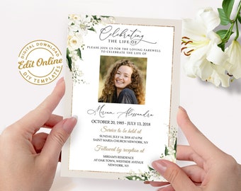 Editable Funeral Invitation funeral Announcement template White Lily White Roses celebration of life in loving memory memorial invite #F25