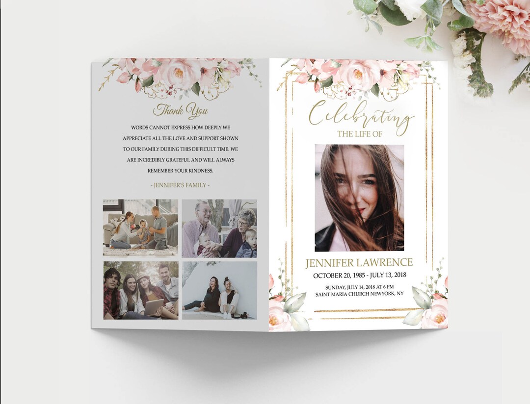 Blush Pink Rose Funeral Program Template: Editable Celebration of Life ...