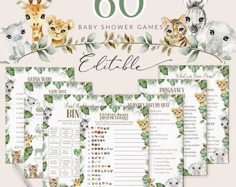 Safari babyshower spelletjes bundel sjabloon, babyshower spelletjes bundel, groen babyshower spelletjes, dieren jungle babyshower spelletjes #BB55