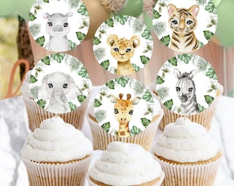 Adornos para cupcakes editables, plantilla para Baby Shower de jungla, animales de Safari, decoración de comida para Baby Shower, adorno imprimible, descarga instantánea #BB55
