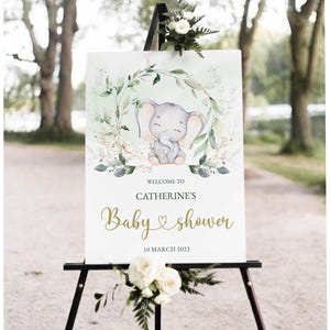 Editable Elephant Baby Shower Welcome Sign, Greenery Elephant Welcome Poster Baby Shower, Green Elephant Baby Shower Printable Instant BB59