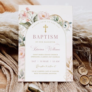 Modello di invito al battesimo rosa blush, ragazza floreale stampabile, battesimo, invito a battesimo, bambina Boho, croce per la prima comunione, #BP43