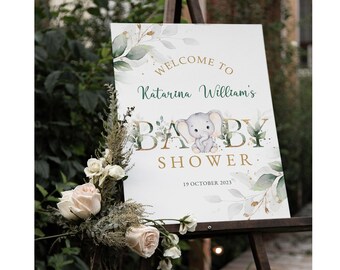 Greenery Elephant Baby Shower Welcome Sign, Little Peanut Gender Neutral Editable Poster Template  #BB39