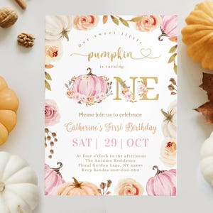 Editable Our little Pumpkin Is Turning One Invitation Pink Pumpkin First Birthday Invitation Girl Fall Birthday Party, Baby Girl Invite BD45