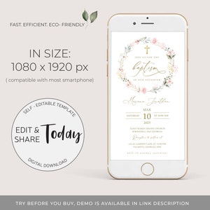 May include: A digital invitation for a baptism with a floral wreath design. The invitation includes the text "Join us for the baptism of our daughter" and the name "Mariana Jonathan". The date and time of the baptism are listed as "Saturday, March 10, 2023 at 10:00 AM". The location is listed as "Saint Maria Grand Church, Springhiera 2MT Georgia".