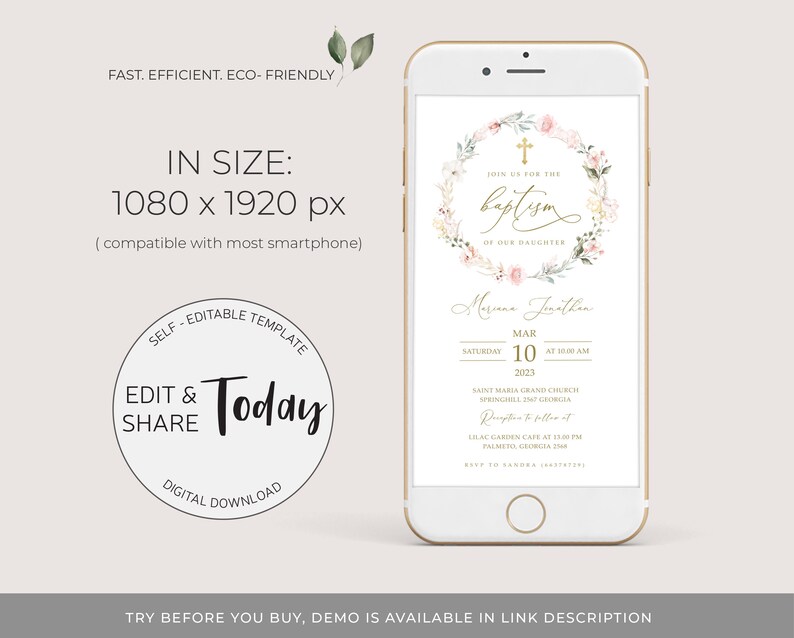 May include: A digital invitation for a baptism with a floral wreath design. The invitation includes the text "Join us for the baptism of our daughter" and the name "Mariana Jonathan". The date and time of the baptism are listed as "Saturday, March 10, 2023 at 10:00 AM". The location is listed as "Saint Maria Grand Church, Springhiera 2MT Georgia".