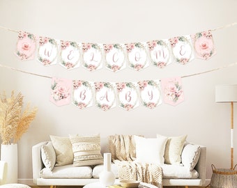 Baby Shower Pennant Banner Template Pink Blush Rose, Baby Shower Bunting, Girls Baby Shower, Soft Pink Instant Digital Template #BB23