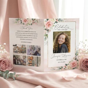 Dusty Rose Celebration of Life Funeral Program Template | Blush Pink Floral Bi-Fold Memorial Program Editable #F21