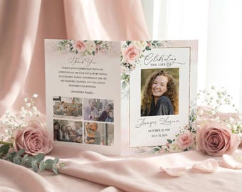 Dusty Rose Celebration of Life Funeral Program Template | Blush Pink Floral Bi-Fold Memorial Program Editable #F21