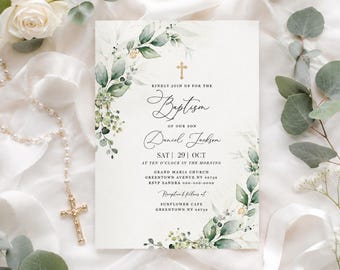 Greenery Baptism Invitation template, Gender-neutral Christening, Watercolor Botanical Gold Cross #BP159