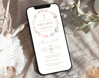 Digital First Holy Communion Text Invitation Template Rustic Pink Flowers Holy Communion Invite, Editable, Electronic Instant Download #HC31