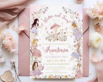 Editable Wild Flower Fairy 1st Birthday Invitation, Fairy First Birthday Invite Enchanted Garden Birthday Invitation Whimsical Birthday BD83