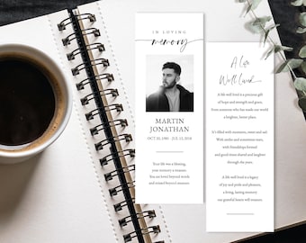 Memorial Bookmark Template, Minimal Funeral Bookmark, Double Sided, Black And White, Editable Obituary, Celebration Of Life, Keepsake #F71